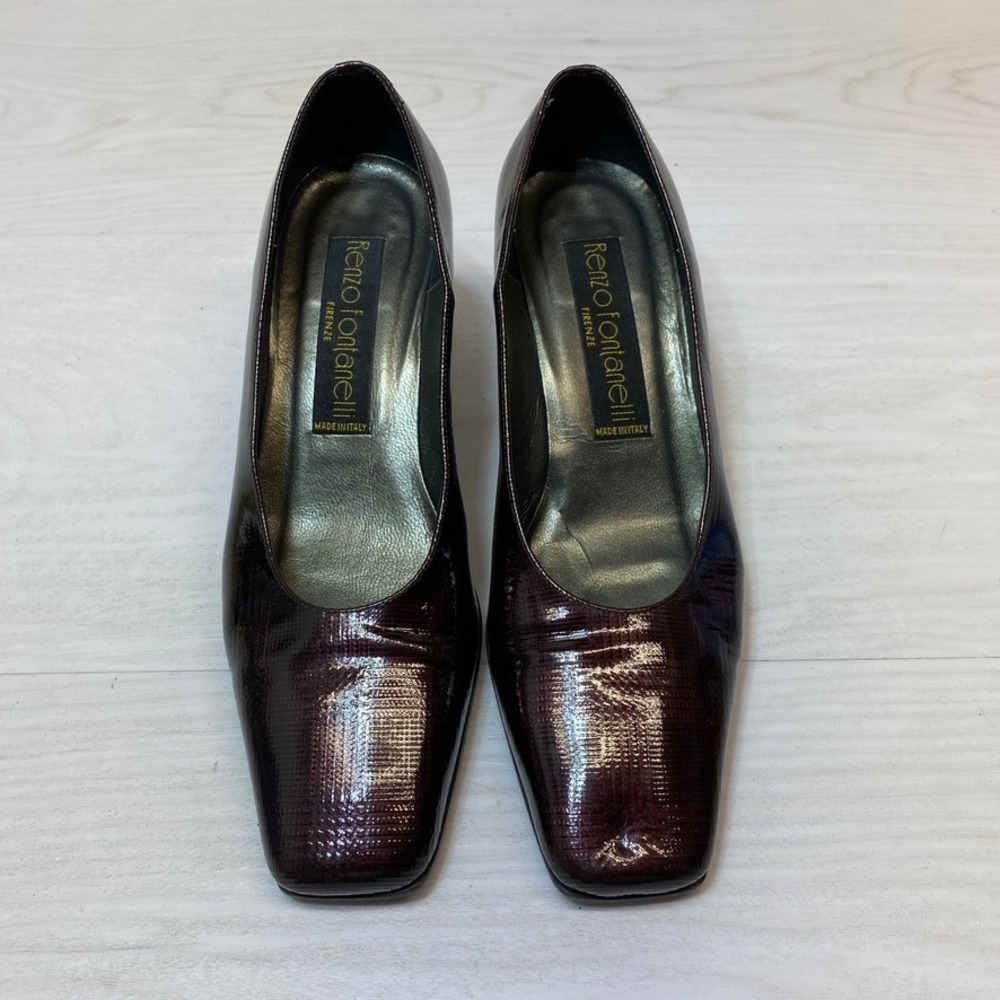 Renzo Fontanelli Womens 7.5 Pumps Block Heel Burgundy Leather Made in Italy Luxe